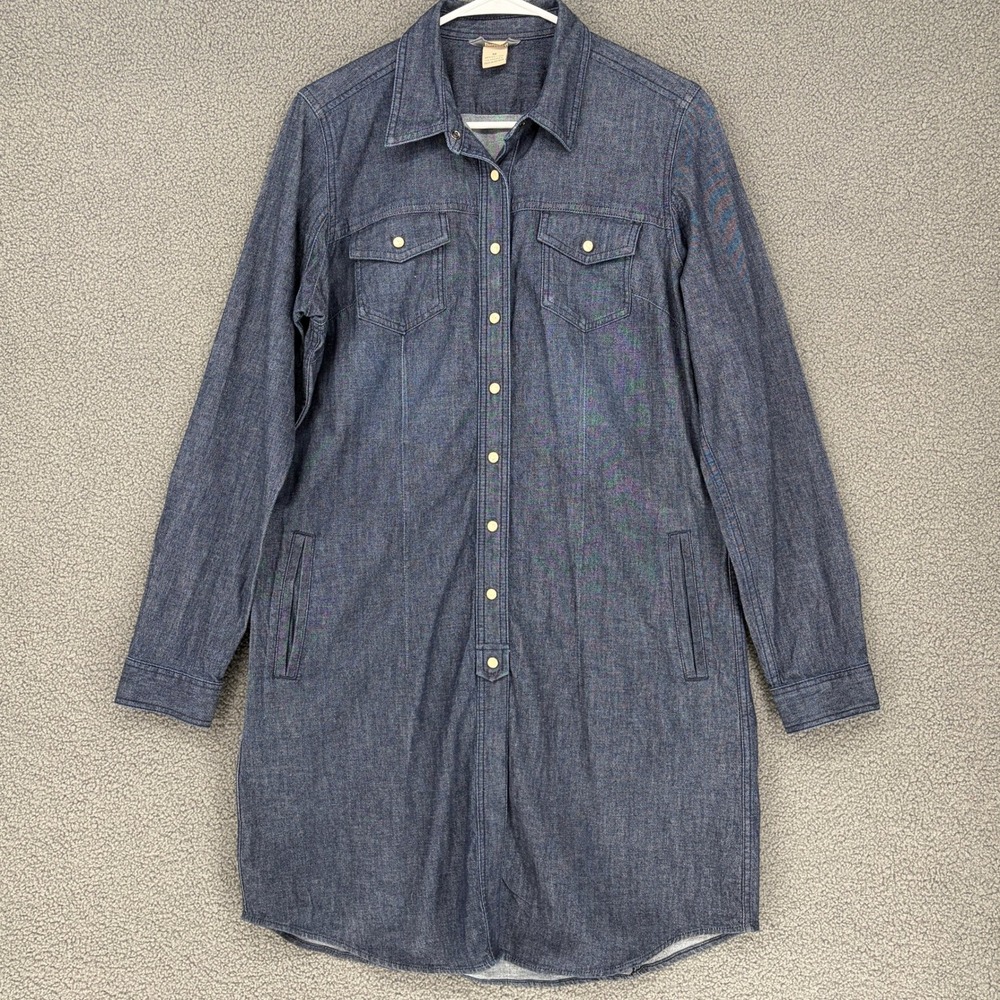 Duluth Trading Co Denim Shirt Dress Long Sleeve Snap Front Dark Wash Blue Medium